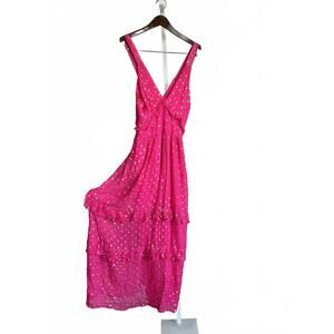 En Crème Pink Sleeveless V-Neck Boho Dress with Metallic Maxi Dot Pattern